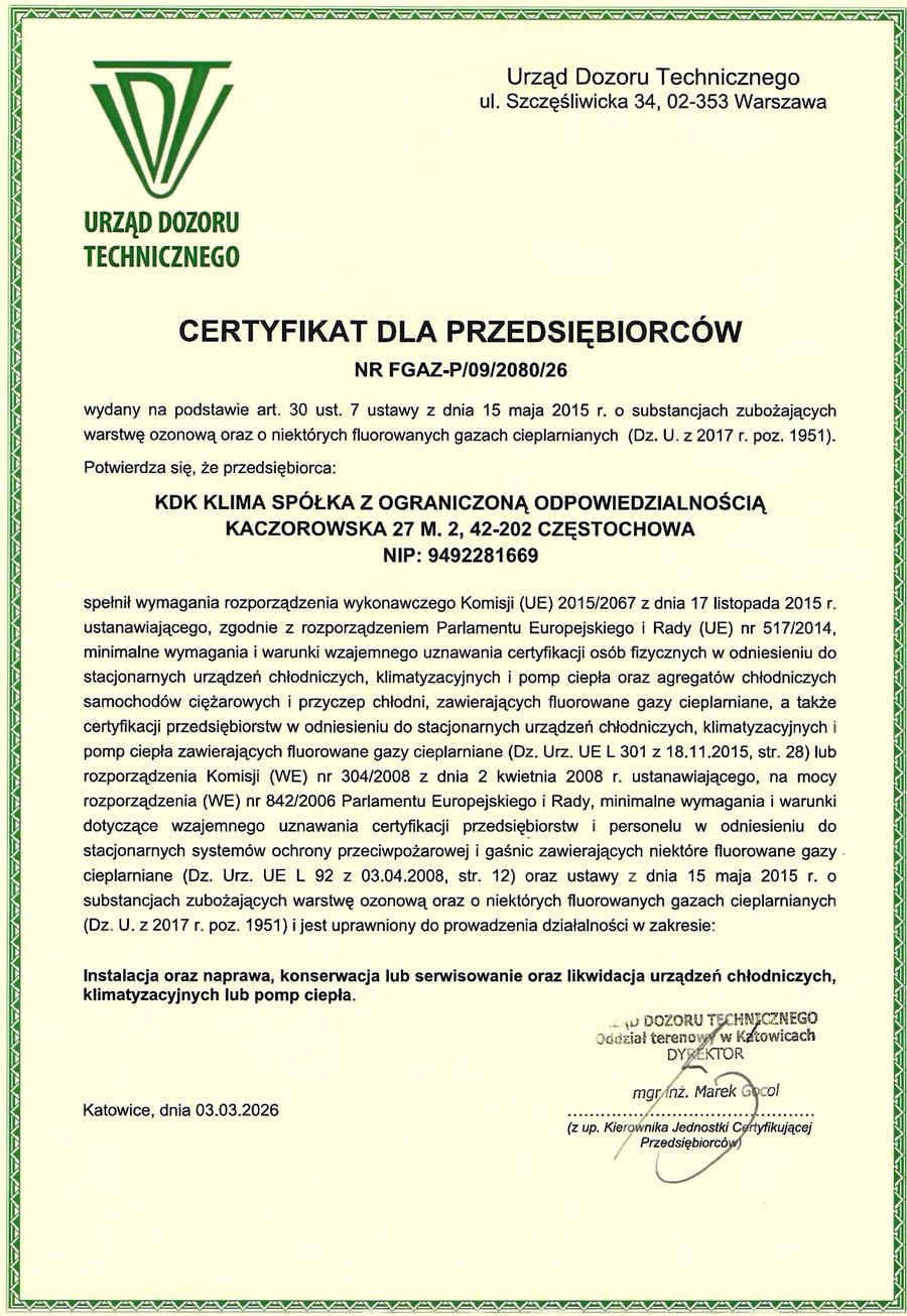 Certyfikat F-gazowy dla Przedsiębiorców (UDT) — certyfikat nr FGAZ-P/09/2080/26